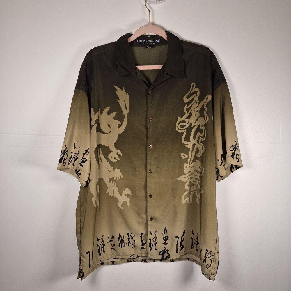 Box Office Island Mens Dragon Button-Up Shirt Size XL Short Sleeve Green Y2K